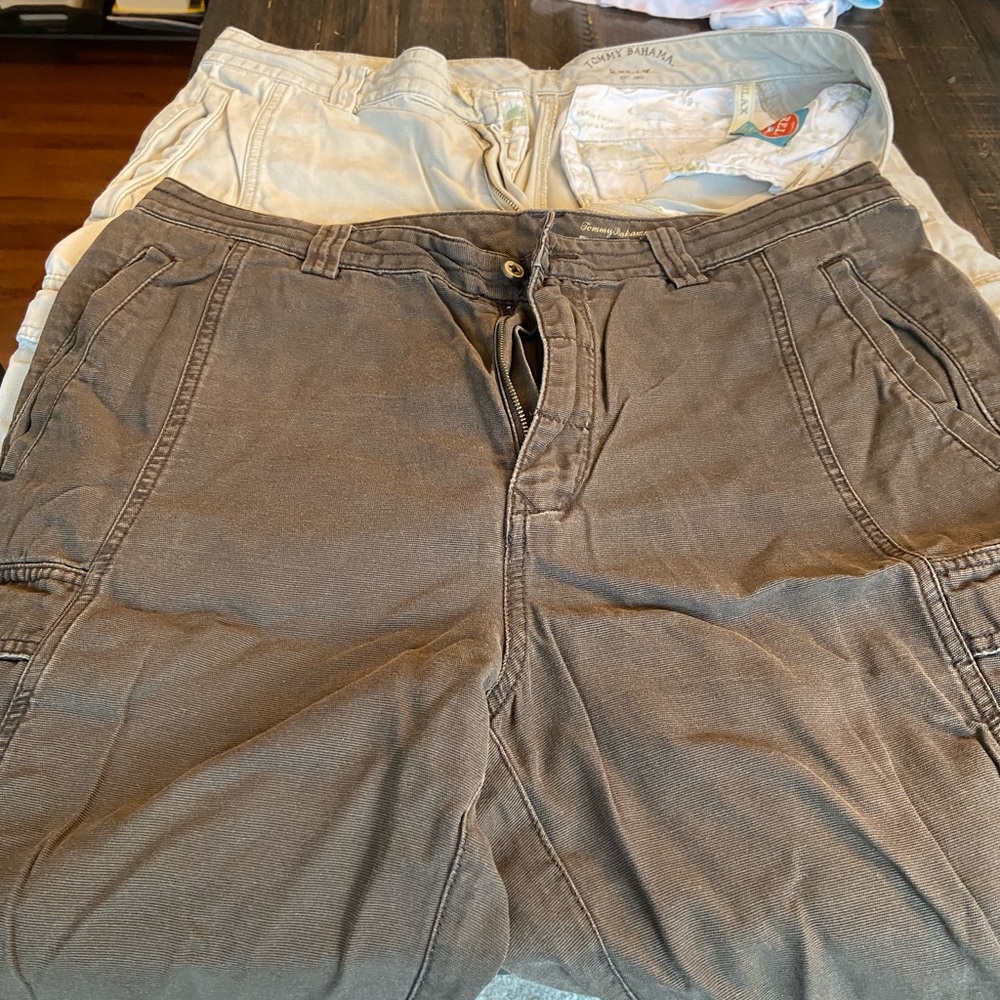 Two pair of Tommy Bahama cargo shorts.